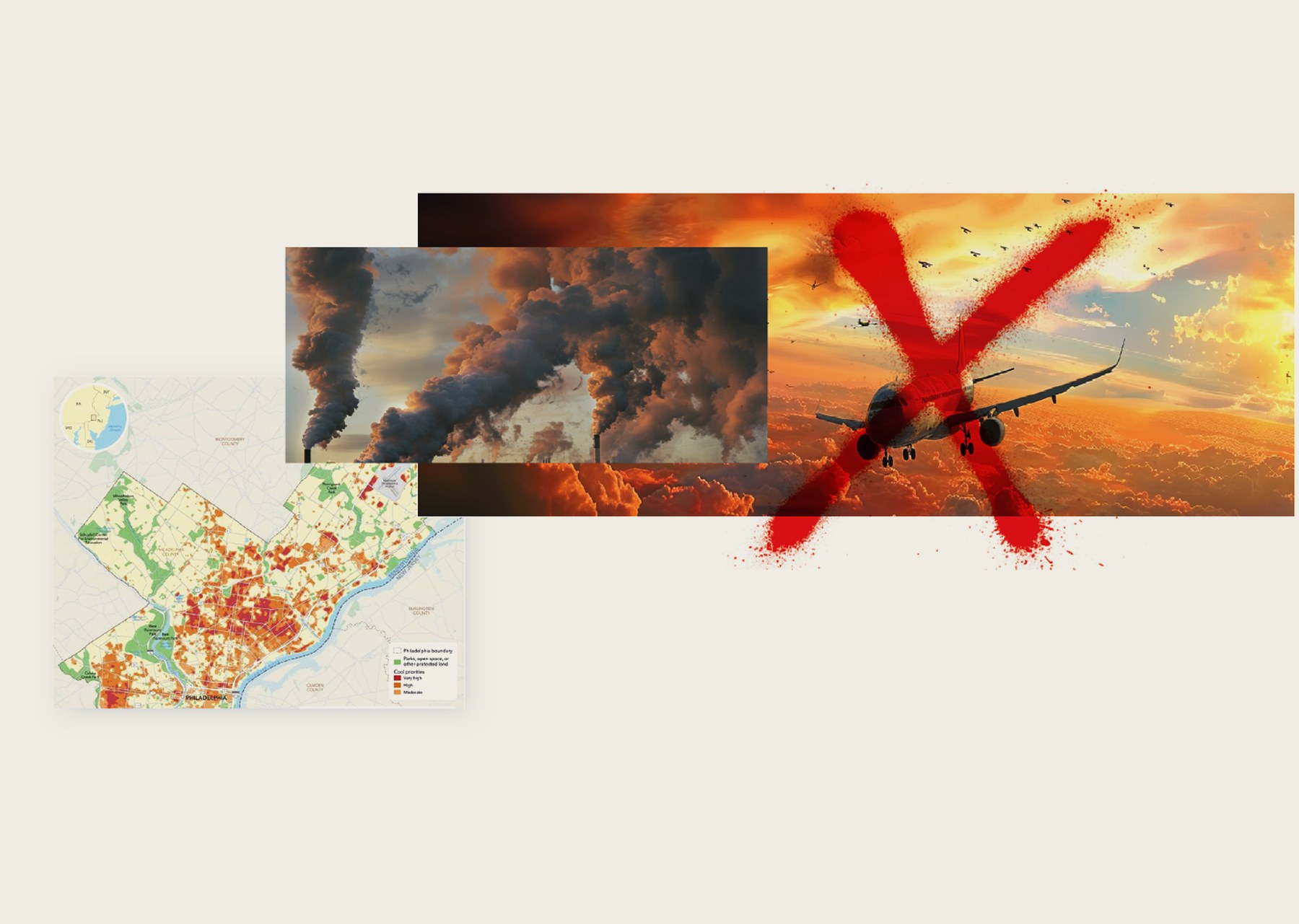 Industrial smokestack emissions overlaid with a crossed-out airplane in a sunset sky