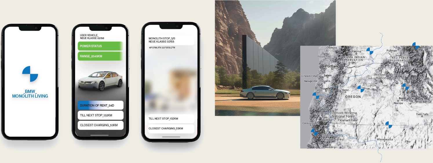App screens for the BMW Monolith Living concept beside a mountain roof-pod render and a route map