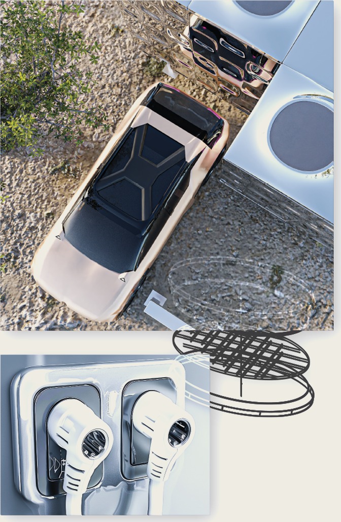 Aerial shot of the concept car beside charging cable detail and a wireframe wheel sketch