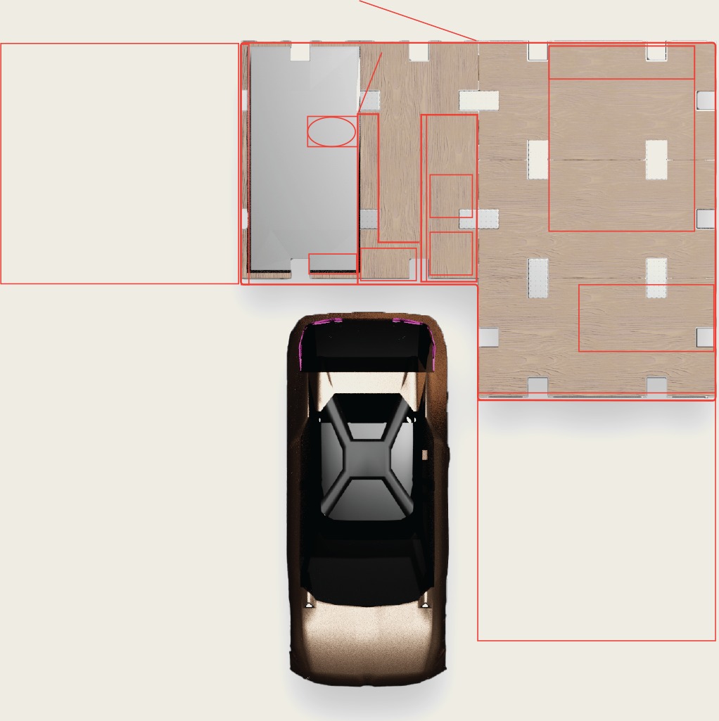 Top-view technical floor plan of the fold-out pod layout with the car parked alongside