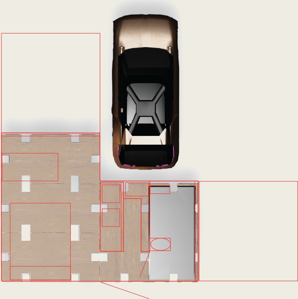 Top-view technical floor plan of the fold-out pod layout, rotated