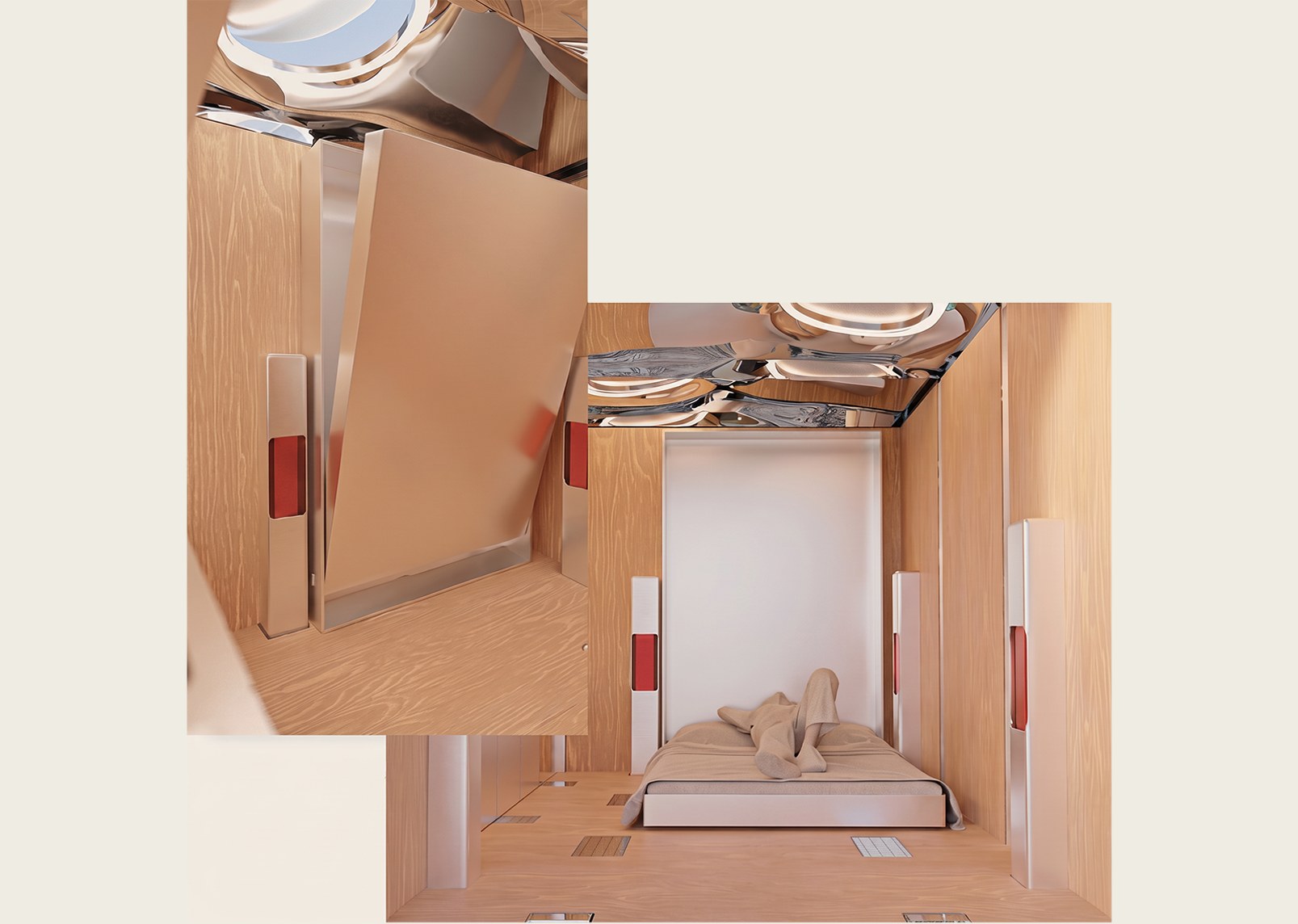 Wardrobe door detail alongside the fold-down bed inside the pod