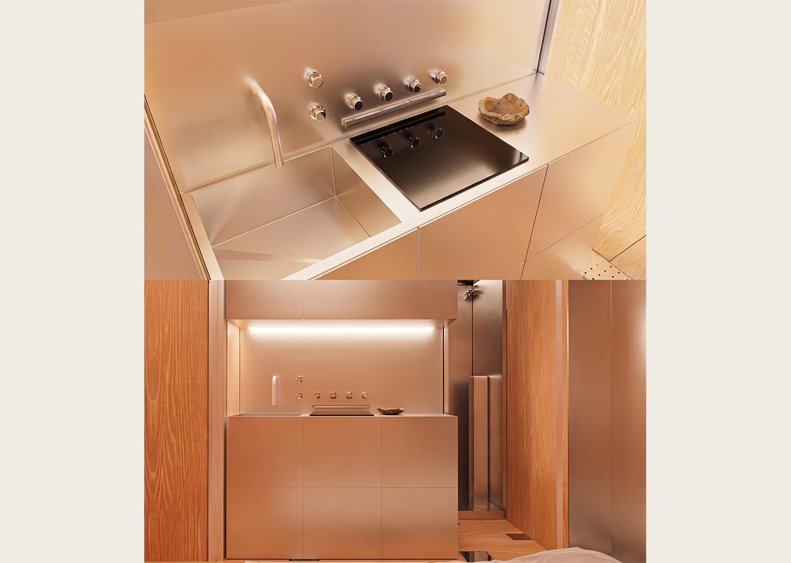 Stainless kitchen counter with sink and induction hob, and the galley seen from the cabin