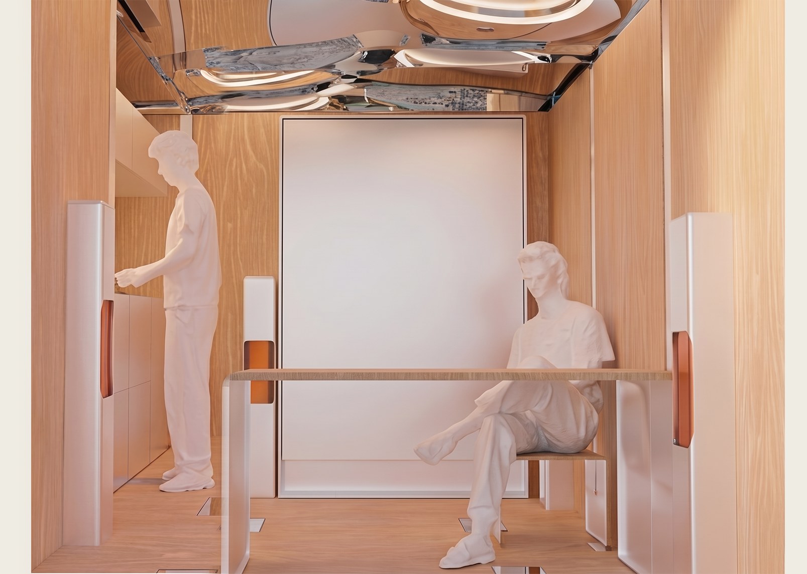 Cabin interior with the deployable table extended, one figure standing and one seated