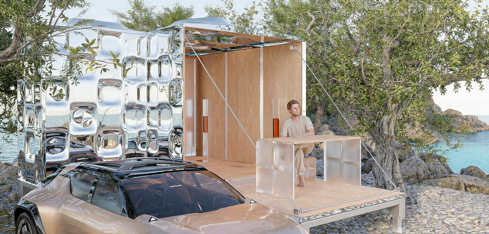 Pod folded open beside olive trees on a rocky shoreline, with the car parked nearby