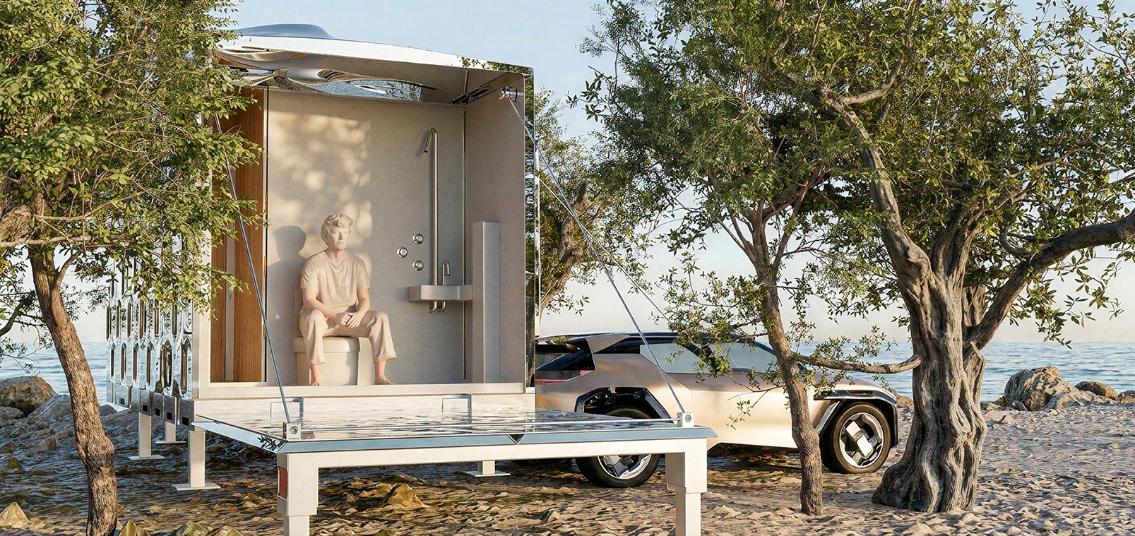 Pod interior wet room visible through the open wall, framed by olive trees and the concept car