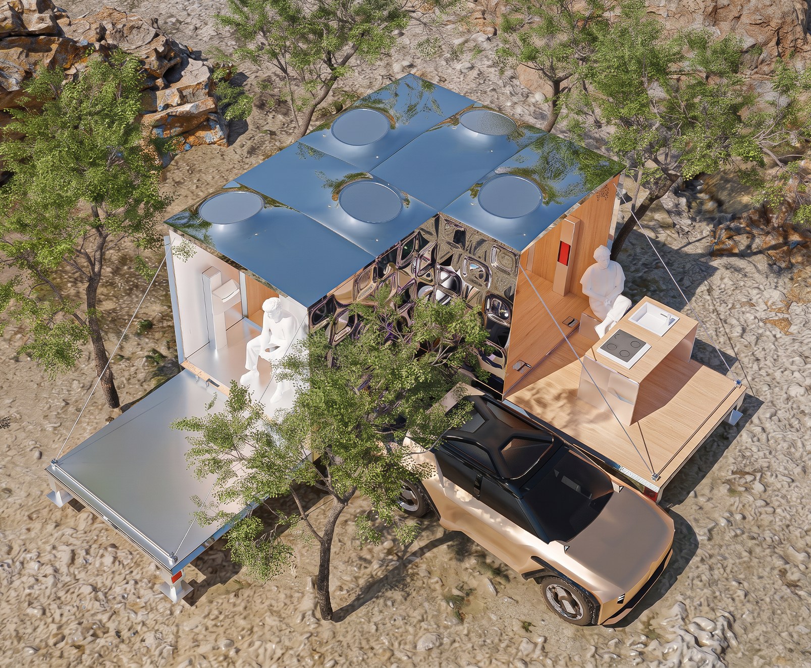 Aerial view of the fully unfolded pod with mirrored roof panels, wood platforms and the car alongside
