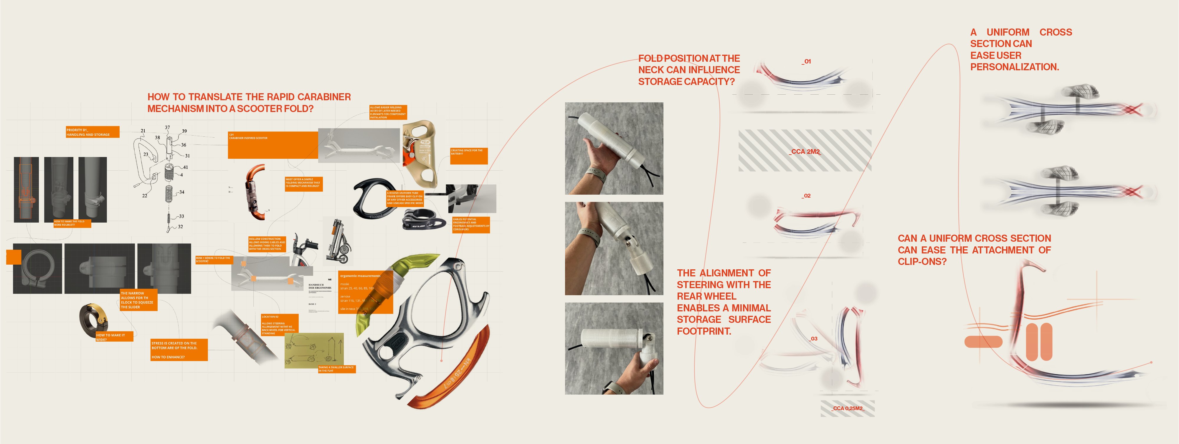 Research collage exploring the rapid-carabiner mechanism translated into a scooter fold