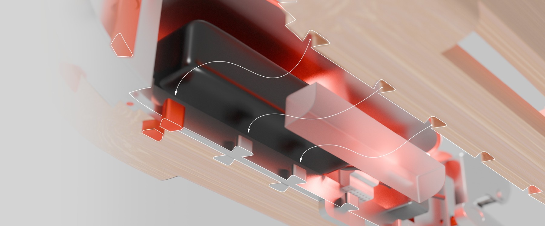 Render detail of the internal lighting channel within the wooden deck