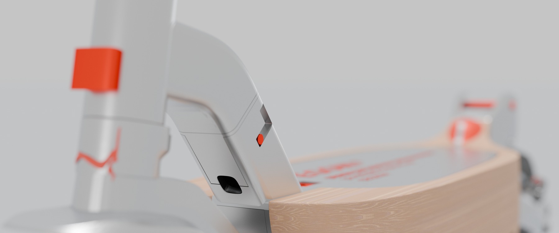 Close render of the steering neck joint against the wooden deck