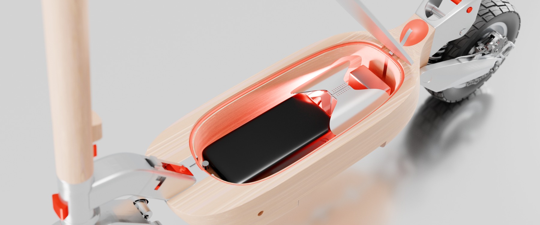 Cutaway render of the deck's internal battery and electronics compartment lit red