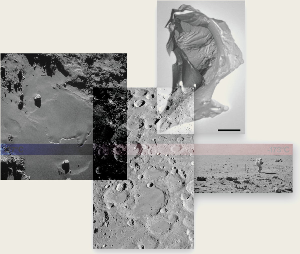Lunar surface reference photos paired with a torn-fabric material study