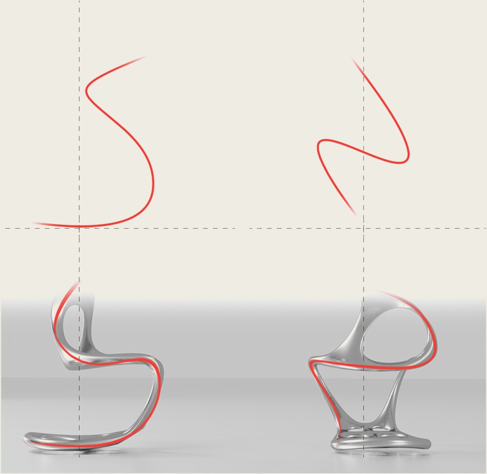 Early form studies — traced S-curve motion paths translated into generative leg shapes