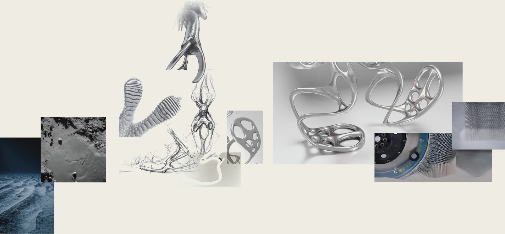 Research collage — polar ice terrain, lunar craters, biomimicry sketches and early wheel renders