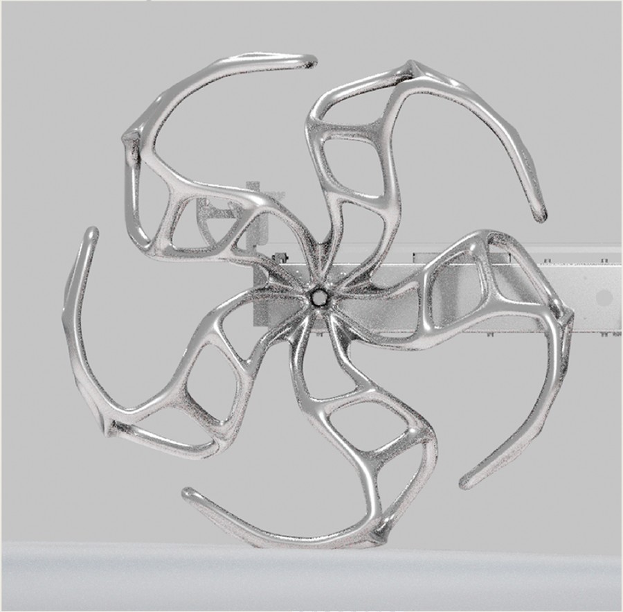 Single generative lattice wheel, studio render on a mounting rail