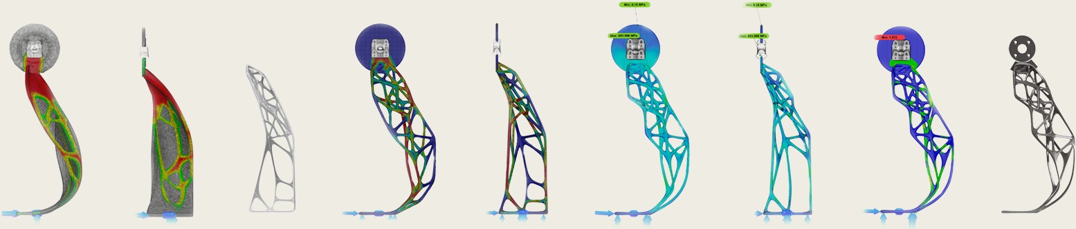 Nine-stage generative form and structural simulation strip for the wheel leg
