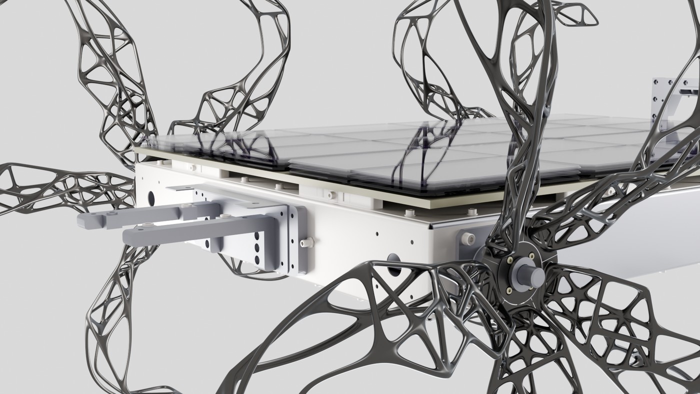 Close three-quarter render of the assembled rover chassis and wheel legs