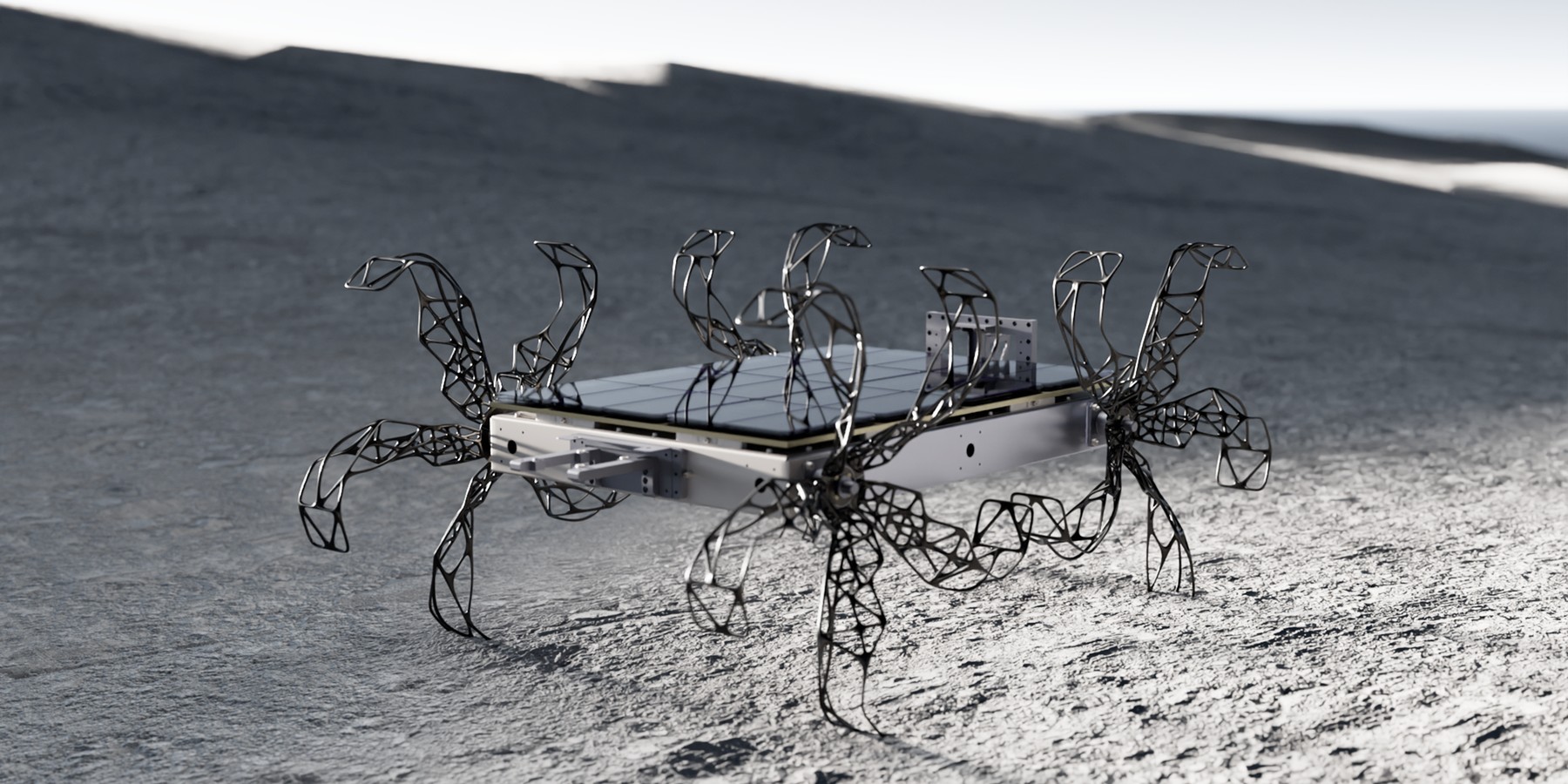Full generative rover on simulated lunar terrain, mission scene