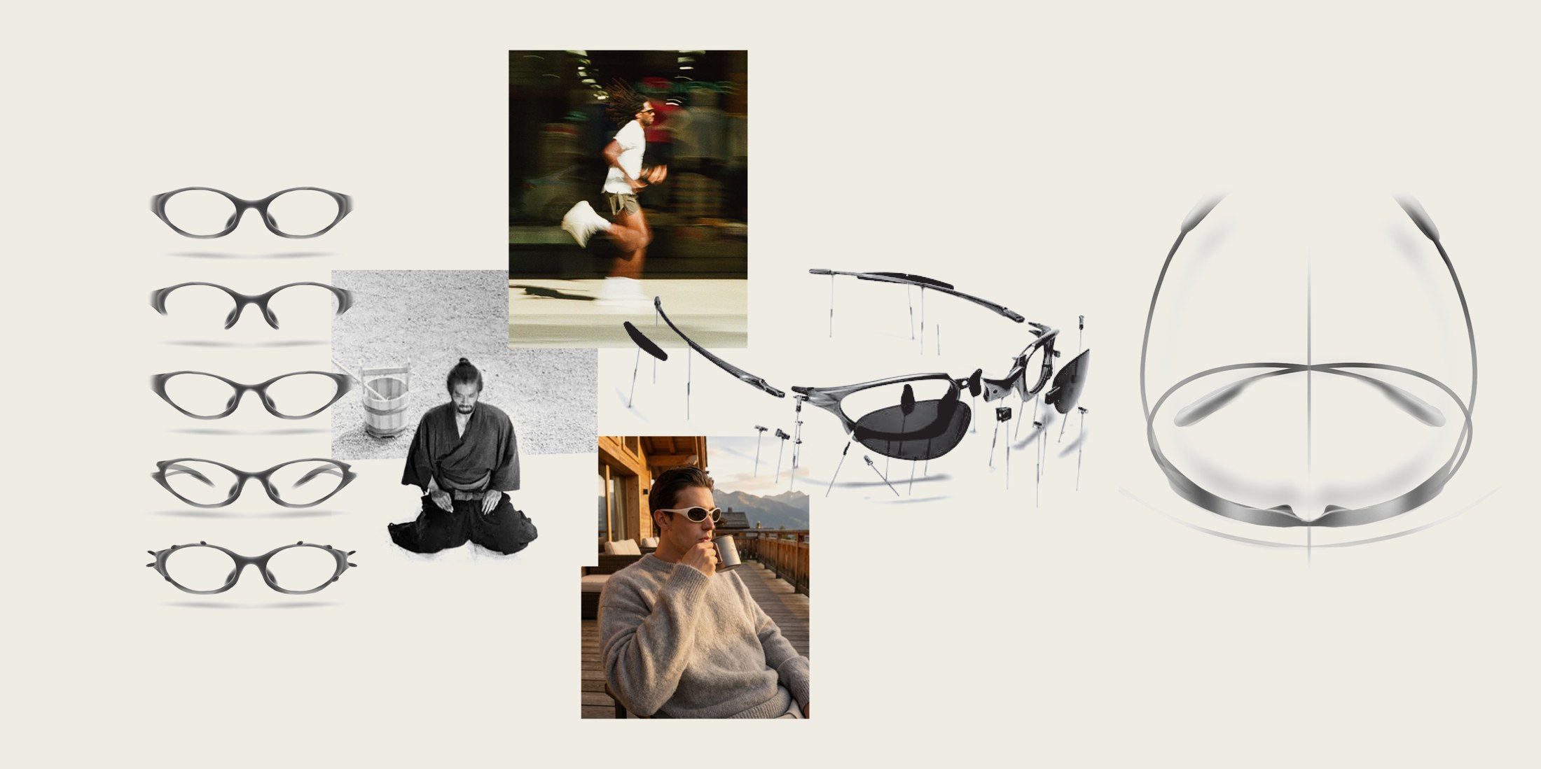 Research collage of glasses silhouette studies, an archival monk portrait, a motion-blur runner, and a lifestyle portrait wearing the frame