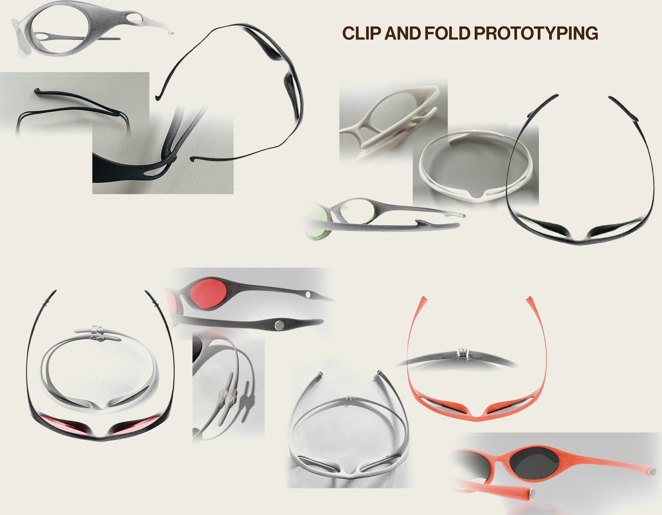 Clip and fold prototyping collage — 3D-printed hinge tests, lens-clip mockups and colored frame prototypes
