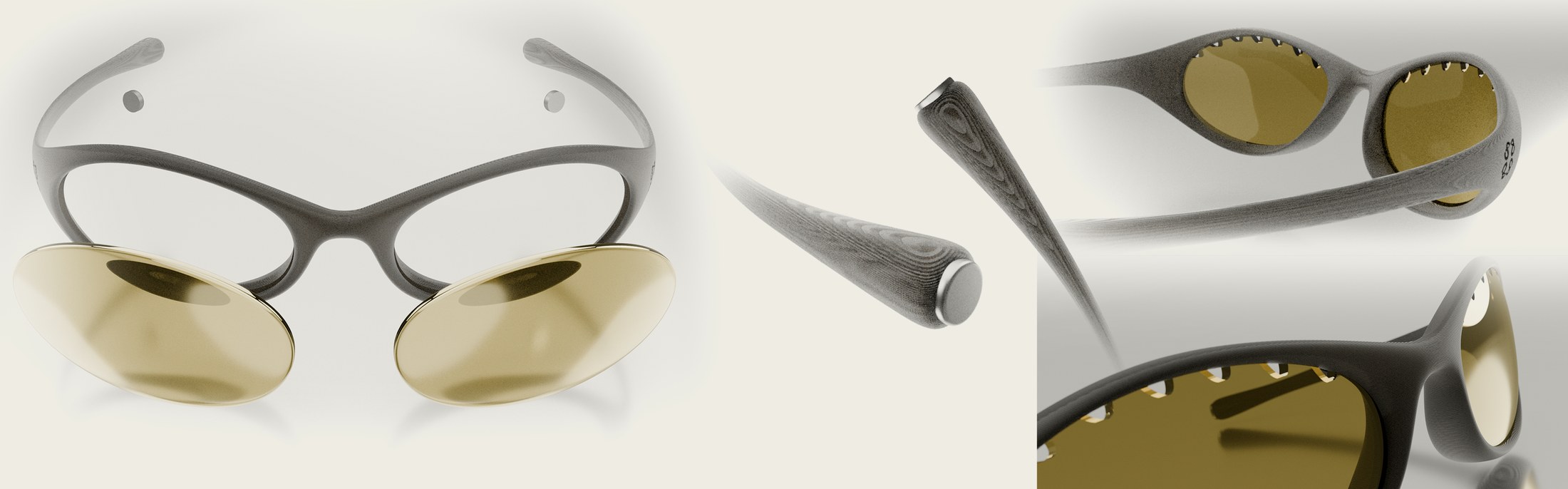 Studio product shots of the frame with amber lenses, a macro detail of the temple grip, and folded close-ups