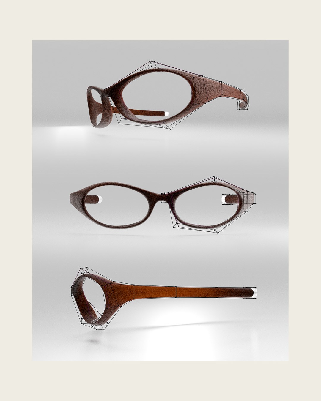 Three-quarter, front and side wireframe renders of the frame in a warm brown colorway