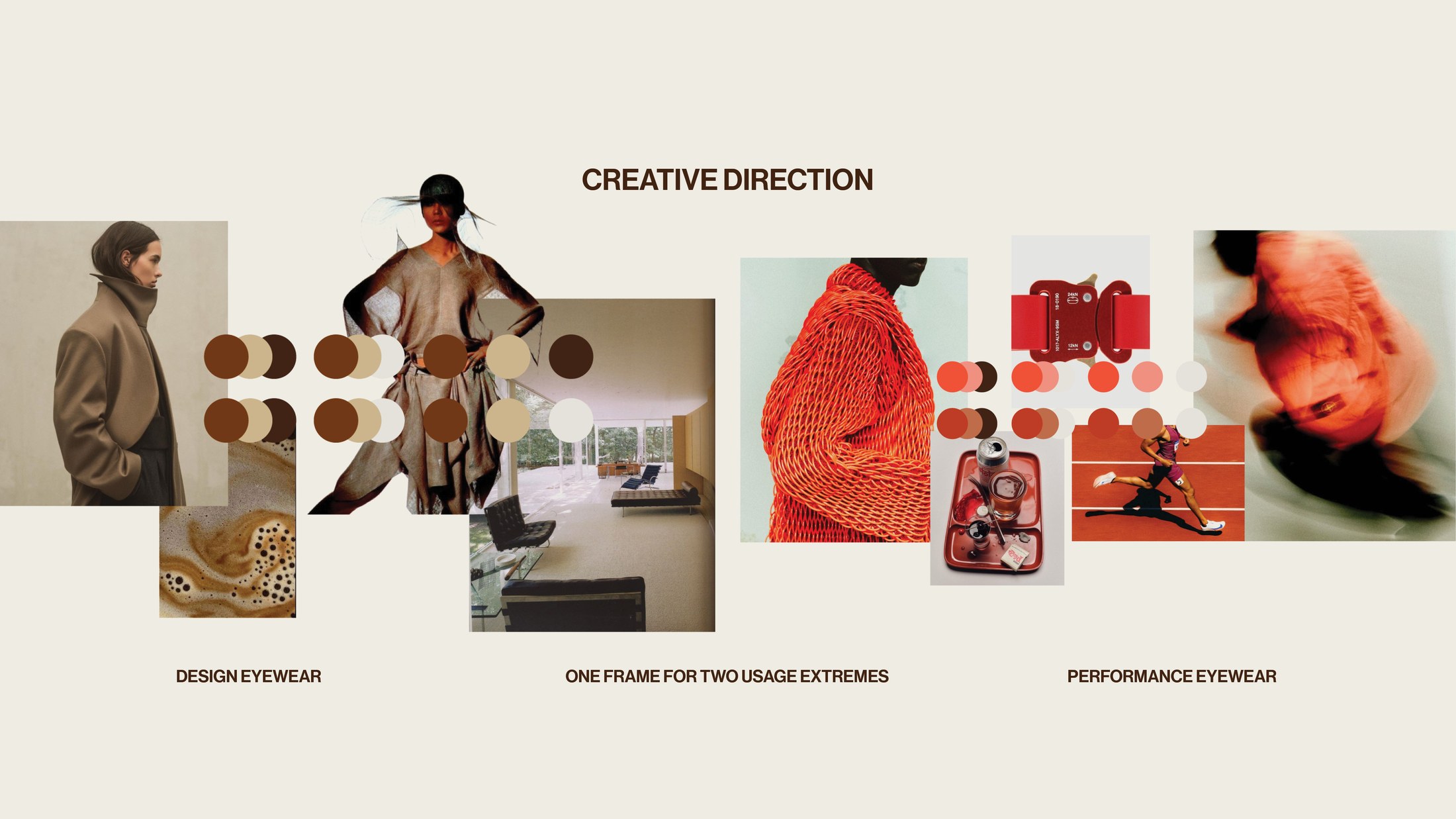 Creative direction mood board — Issey Miyake 1988 references, colour and material studies for design, dual-use and performance eyewear
