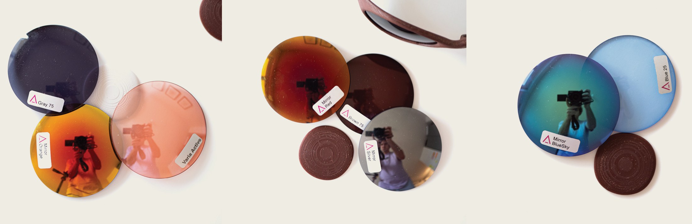 Three clusters of interchangeable lens colourways with mirrored finishes
