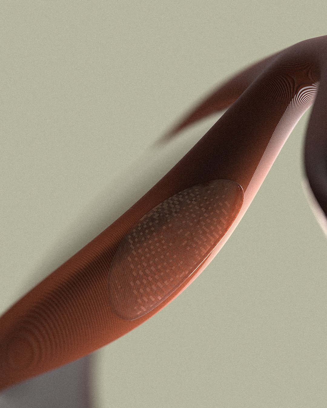 Close render of the temple grip texture in profile, sage studio background