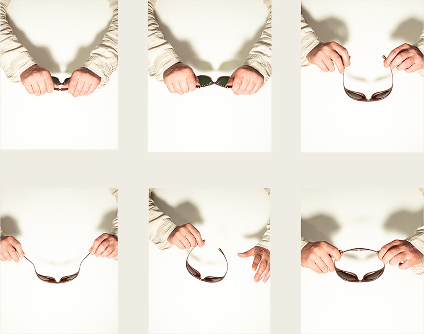 Six-photo sequence of hands folding and unfolding the frame