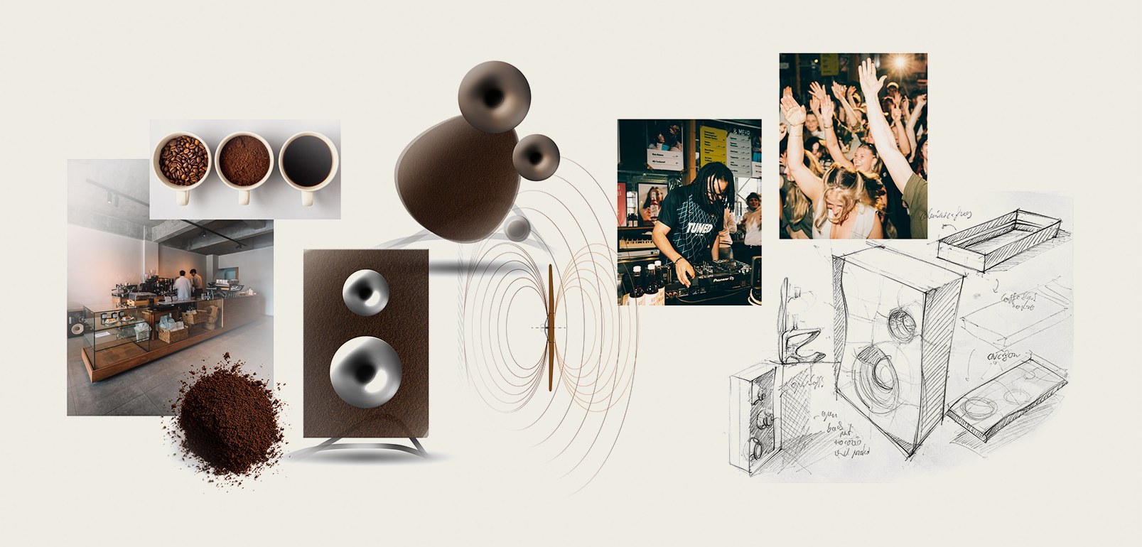 Mood board collage — coffee samples, ground coffee, retail counter, DJ scene and crowd, construction sketch