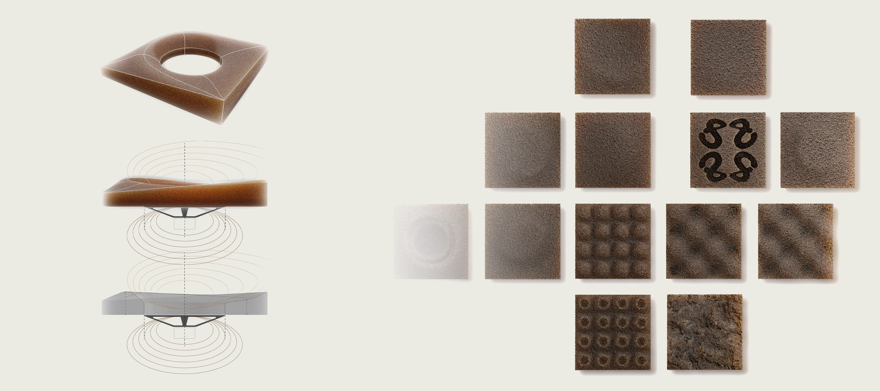Exploded joinery diagram alongside a grid of coffee-ground composite material swatches