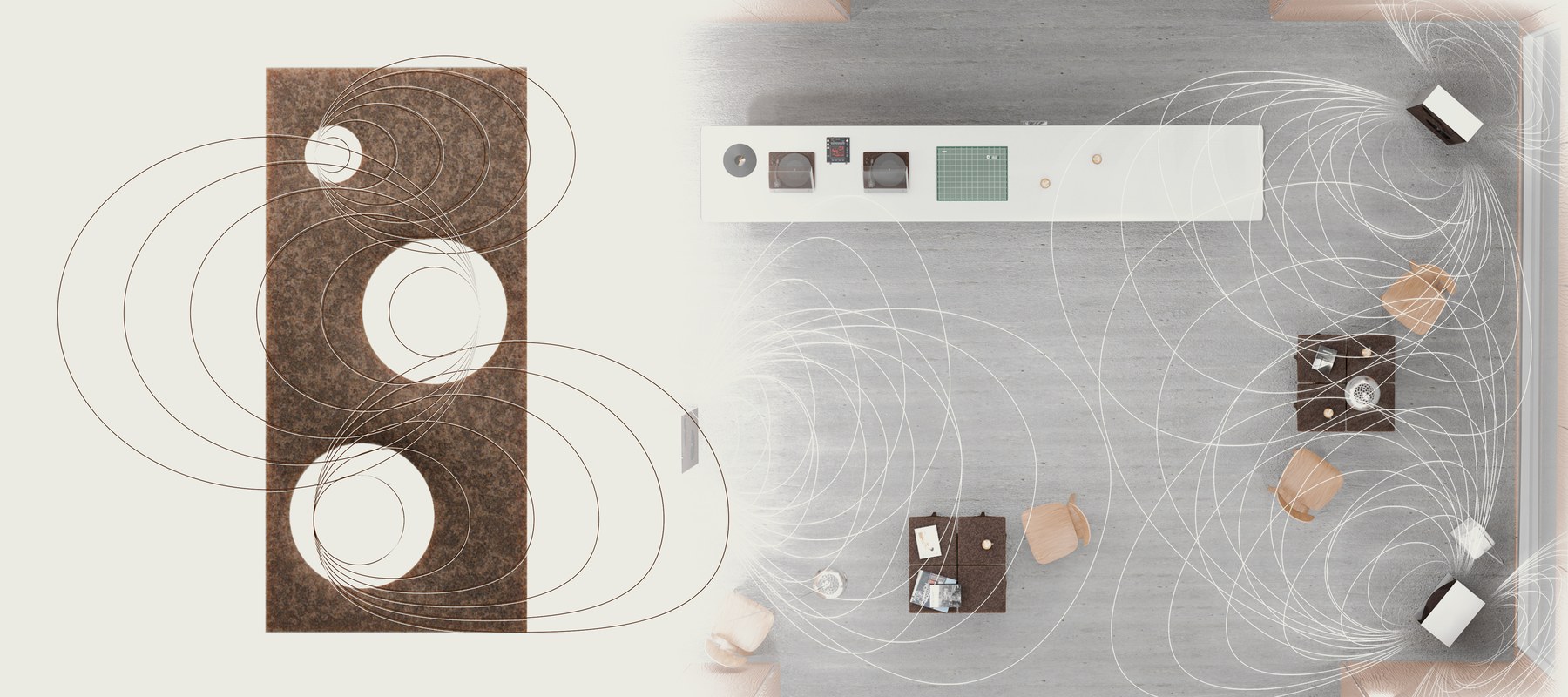 Raw pressed material panel beside a top-down room plan with soundwave propagation rings