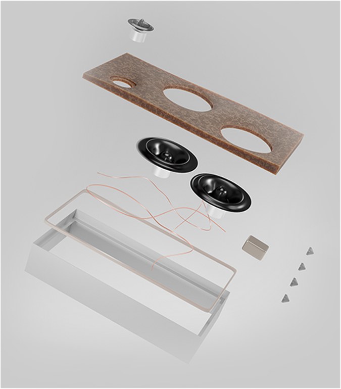 Exploded diagram of the speaker baffle, drivers and enclosure