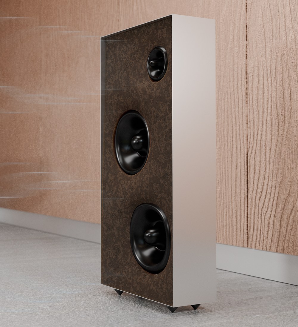 Groundwave speaker in the corner of a wood-paneled room