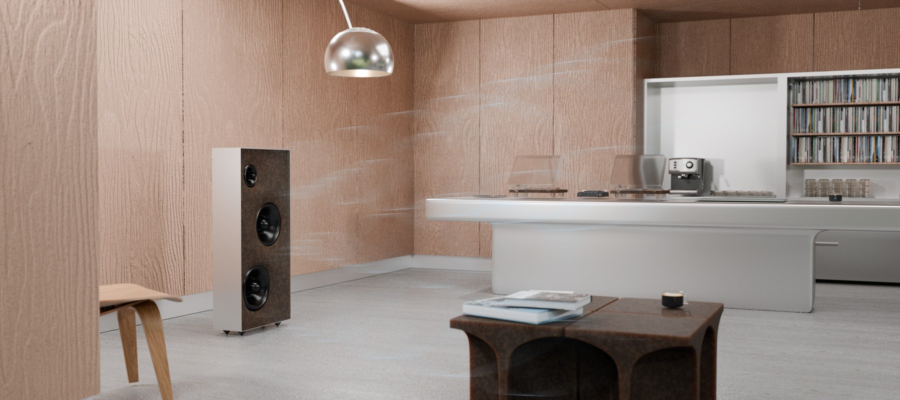 Groundwave speaker in a warm wood-paneled kitchen, pendant lamp overhead