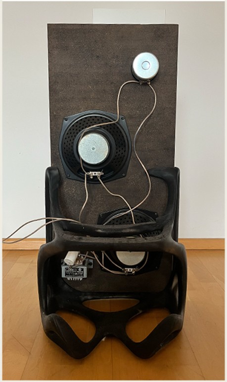 Speaker back panel open on a wall mount, wiring and driver exposed