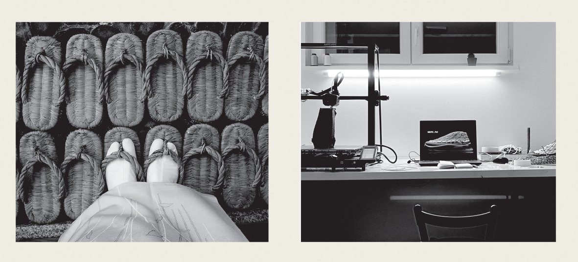 Woven straw sandals reference study paired with the home studio workspace