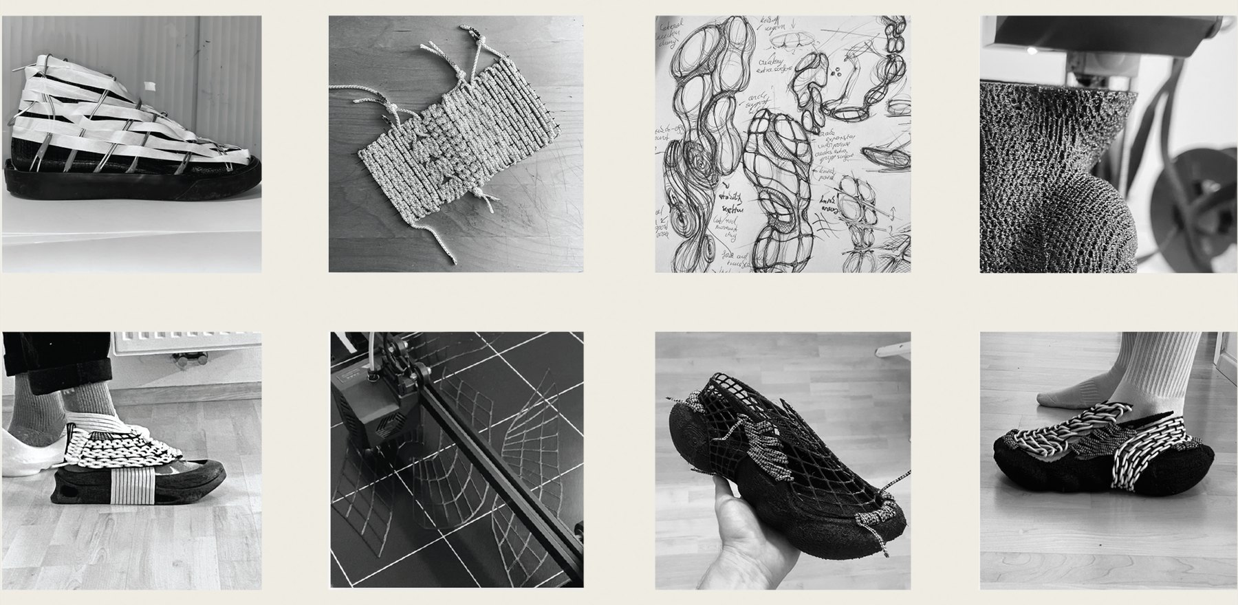 Grid of prototyping photos — woven upper mockups, sketches and wear tests