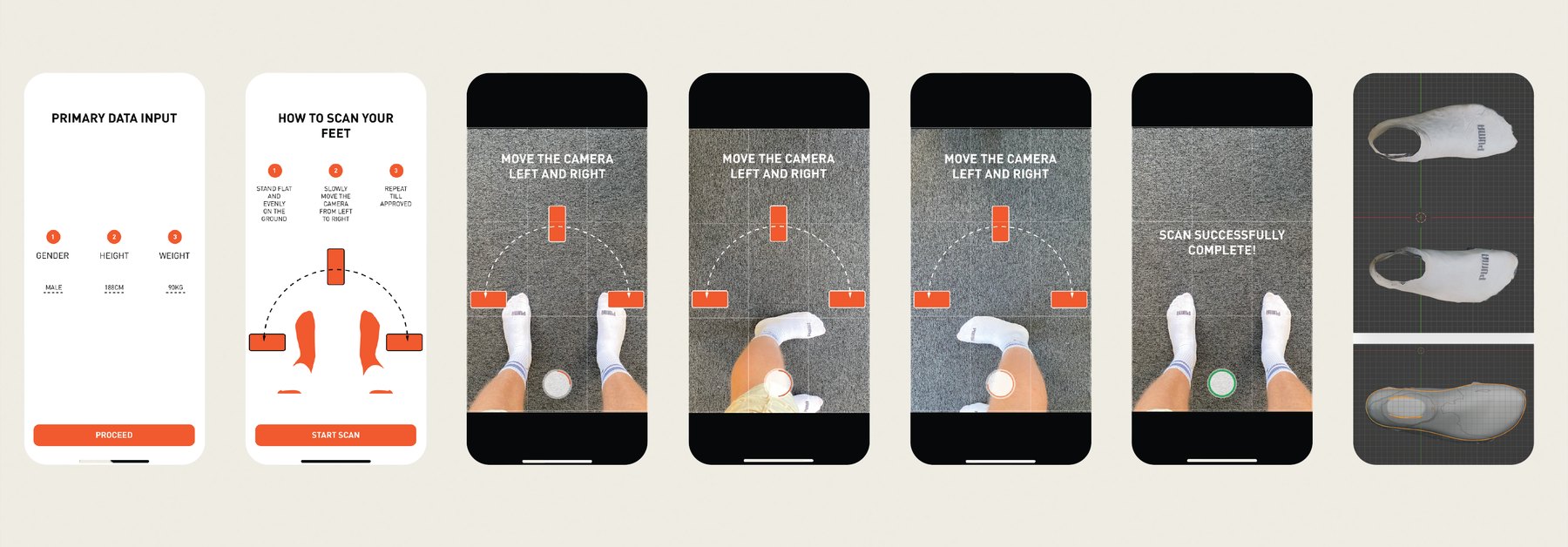 App screens for foot-scanning and custom sizing, alongside 3D scan data