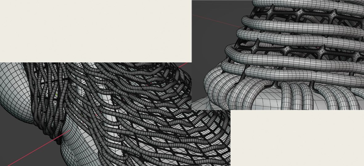 Close wireframe render of the woven lattice upper structure