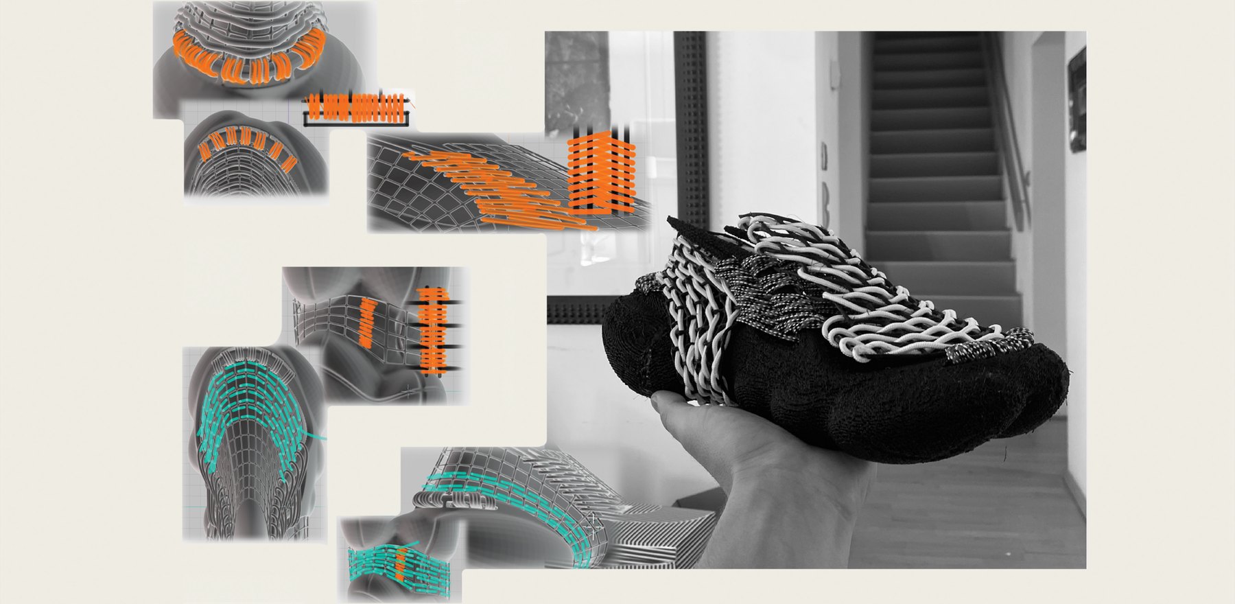 Material swatch studies alongside a hand-held prototype photo